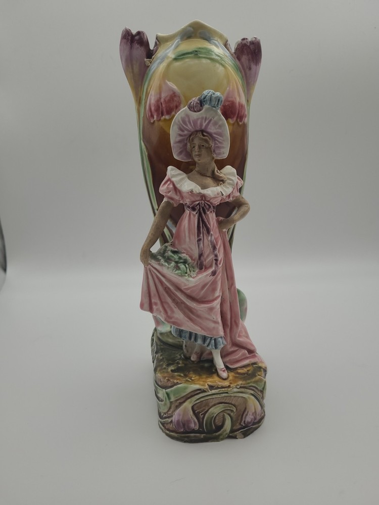 Vintage French Majolica Vase With A Woman DAMAGED