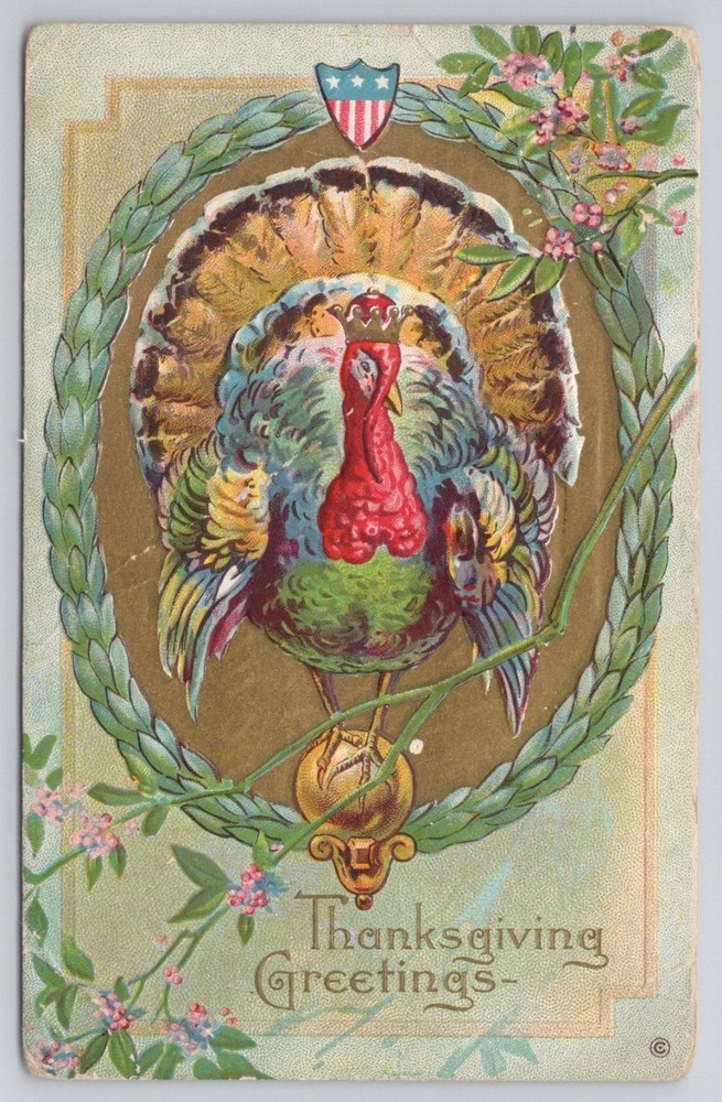 Vintage Thanksgiving Greetings Turkey Postcard Embossed 1910s Patriotic Shield