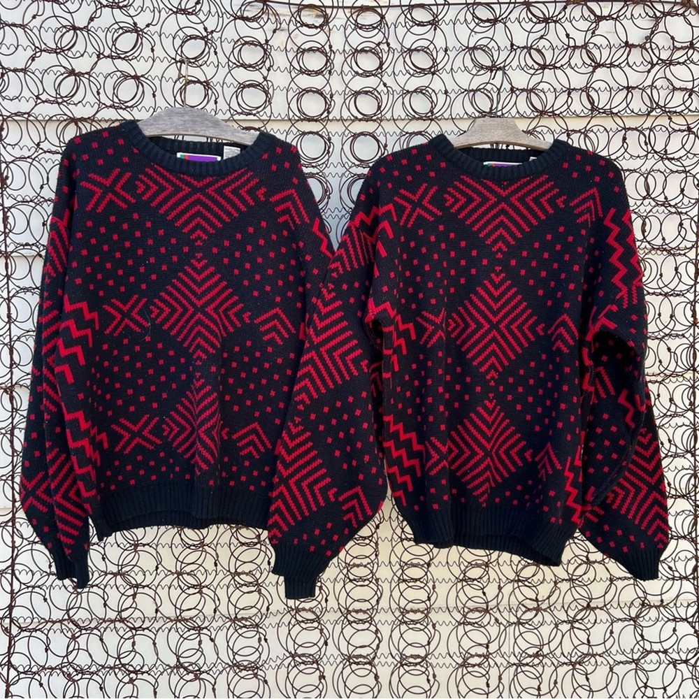 Retro 80s Red Black Abstract Geometric Matching Sweater Pair in Large Size-image