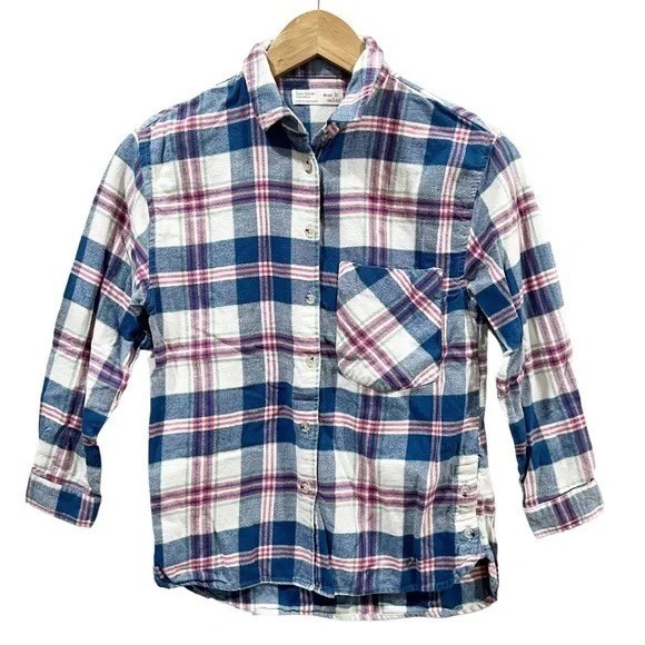 Zara Girls Plaid Flannel Shirt Size 10 Red Blue Cotton Button Up
