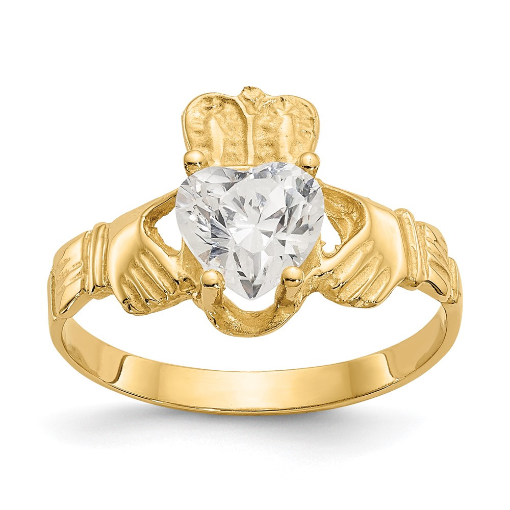 14k Yellow Gold April Cubic Zirconia Birthstone Claddagh Ring Size 5, 2gm