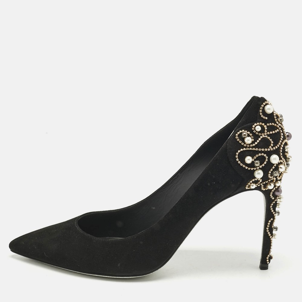 Rene Caovilla Black Suede Crystal and Pearls Embellished Pumps Size 40