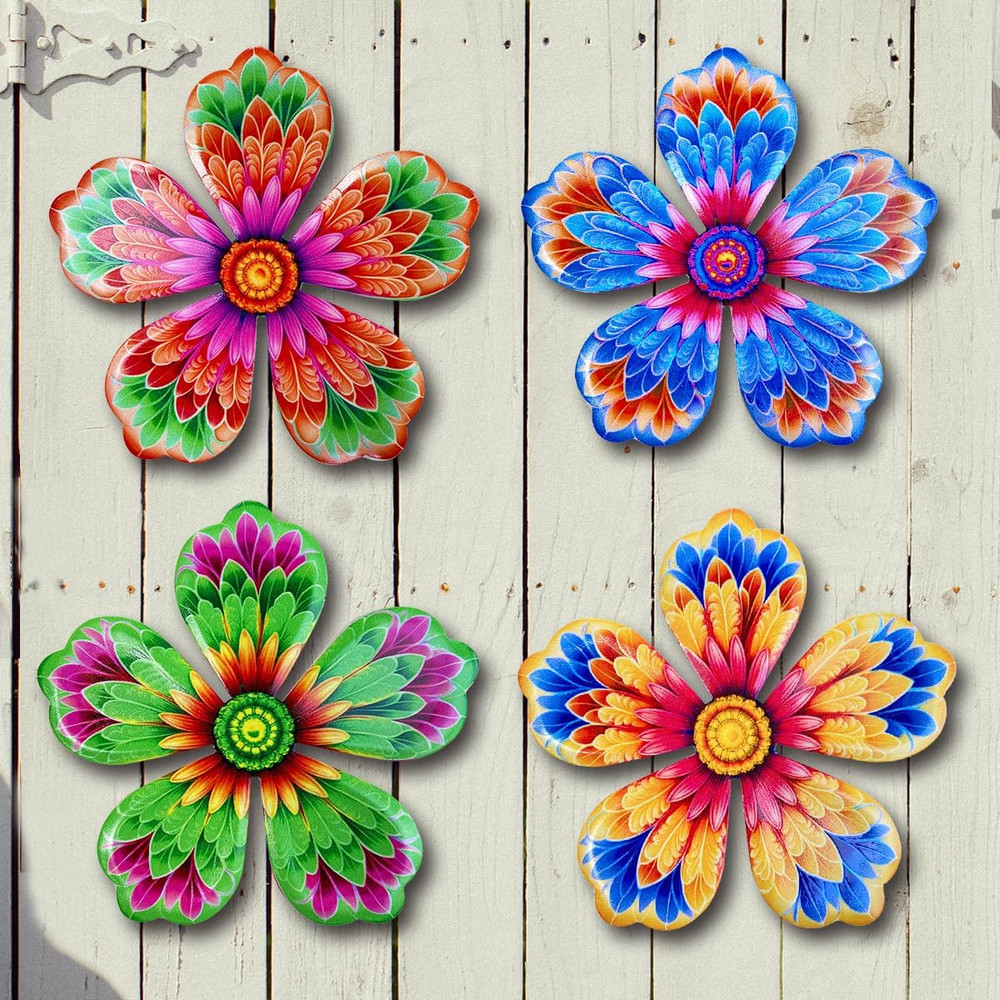 Metal Flowers Wall Decor - 4Pcs 6.2'' Metal Wall Art Hanging Decorations for Out