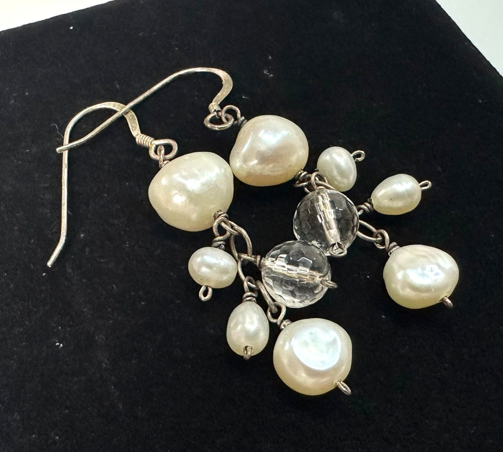 Vintage Genuine Pearl Dangle Earrings MARKED 925 Sterling Silver Jewelry Lot I