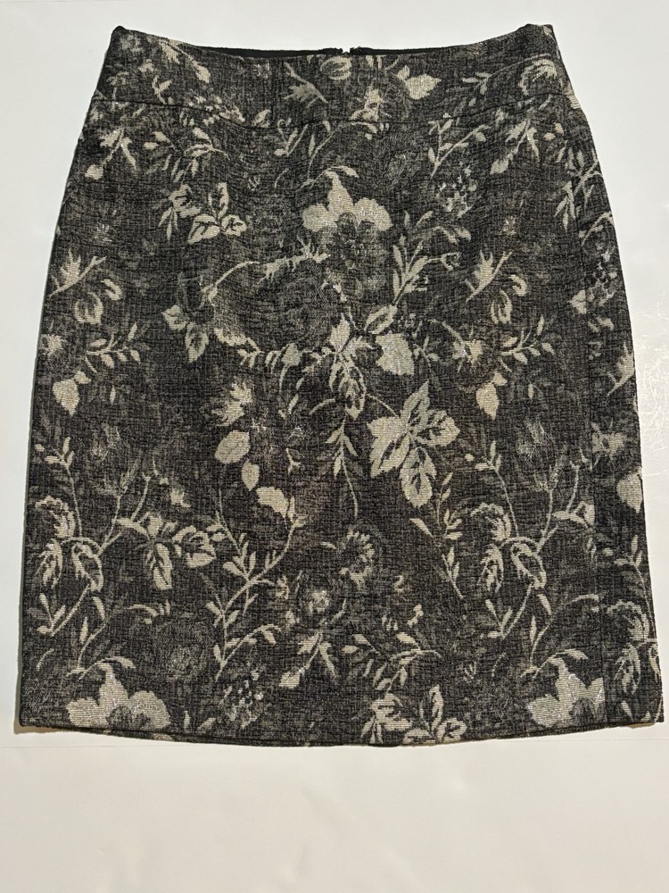 ANN TAYLOR Skirt Women Sz 6P Black Beige Floral Burnout Lined Straight Knee Chic