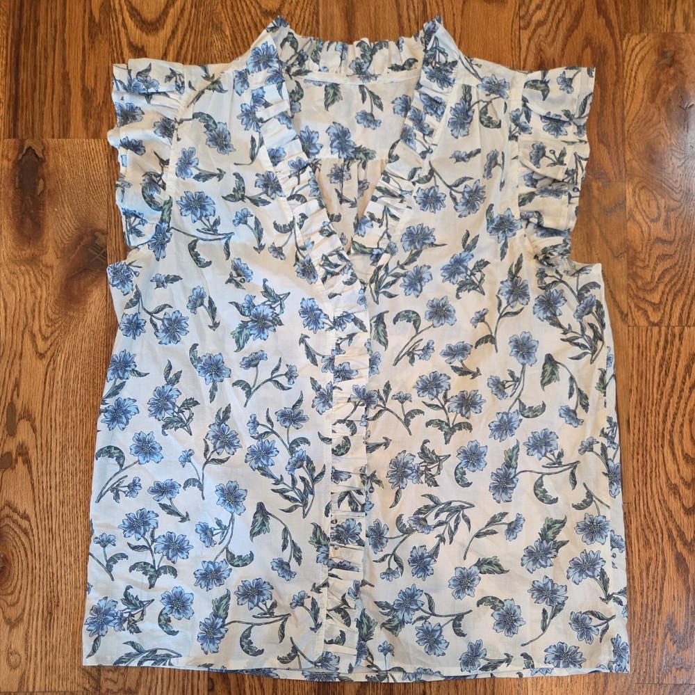 J.Crew Button Down Floral Print Ruffle Sleeve Top Med  Blue White