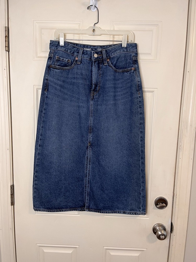 Old Navy Denim Secret Smooth Pockets Jean Denim Skirt Sz 8 Front Slit High Rise