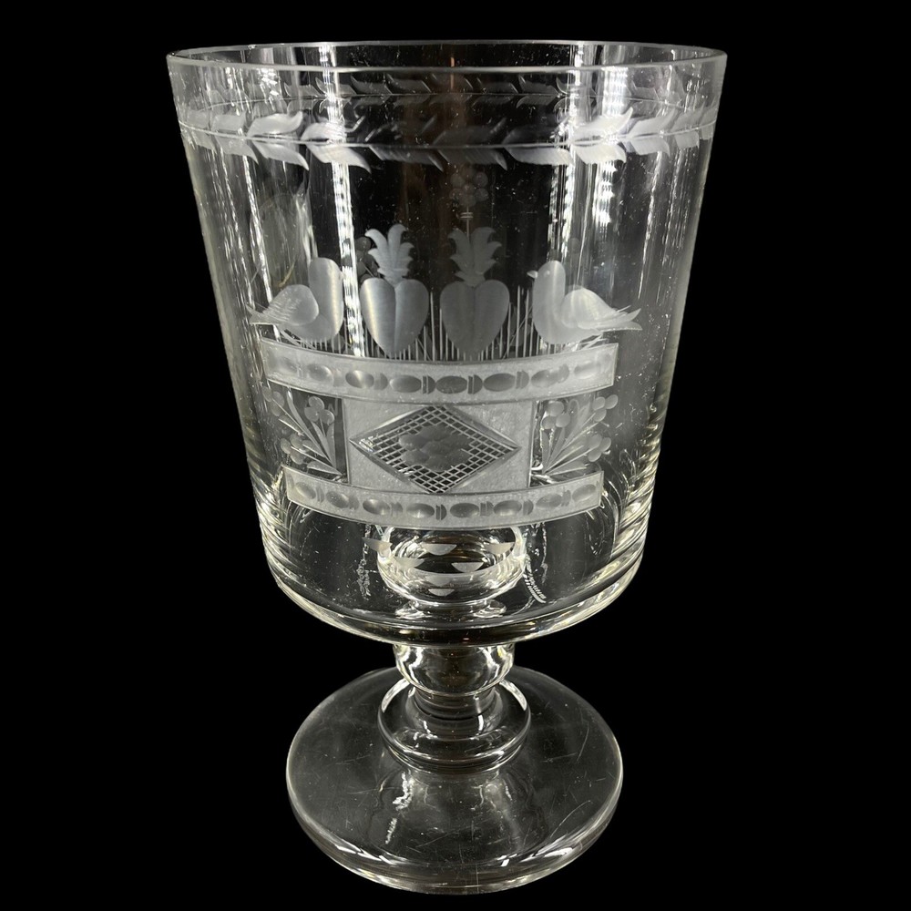 Vintage Crystal Flower Bouquet Pedestal Vase Compote Ice Bucket with Lovebirds Design