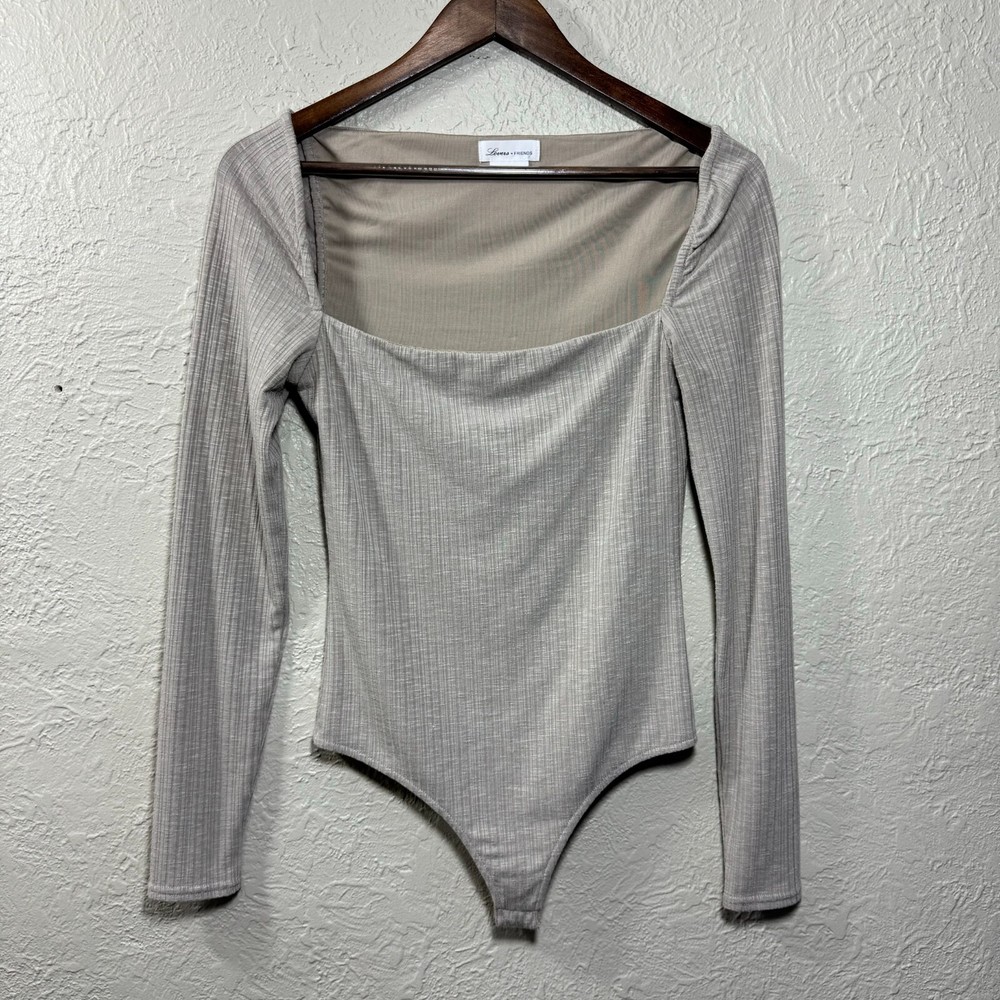 Lovers + Friends Small Ribbed Square Neck Bodysuit in Tan Neutral Bodycon Style