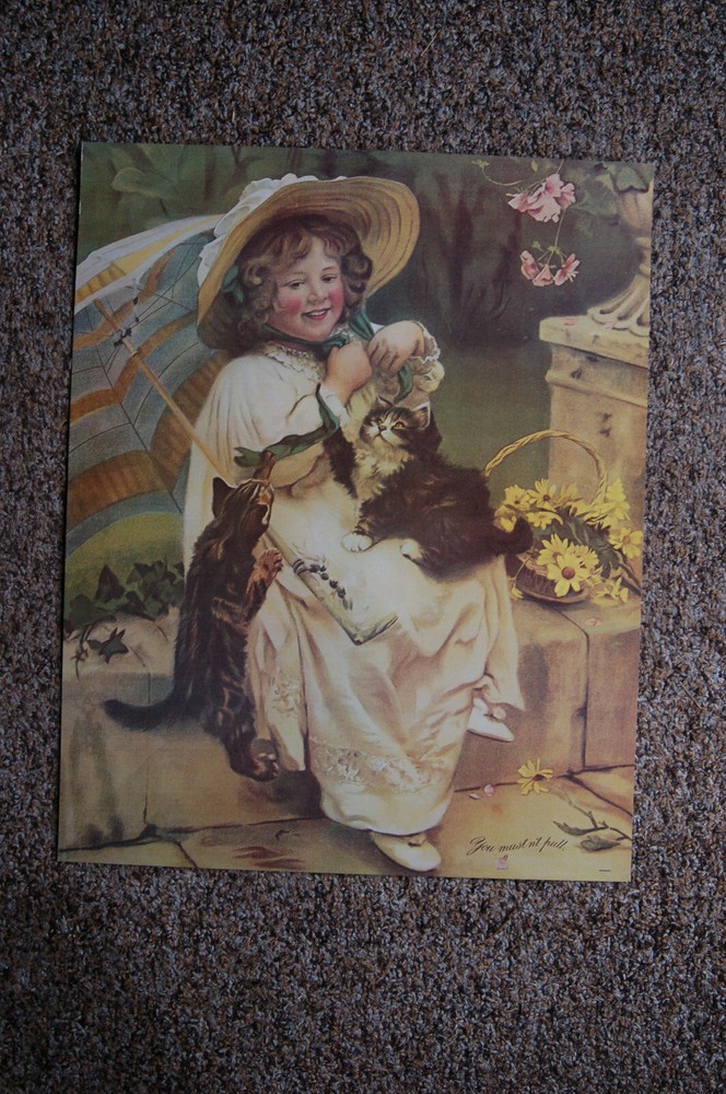 The Must'nt Pull Victorian Print 16 x 20 Girl with 2 kittens and umbrella