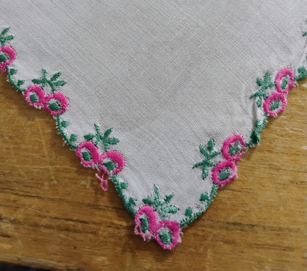 Vgt Magenta Flowers Along Hem White Hankie Handkerchief