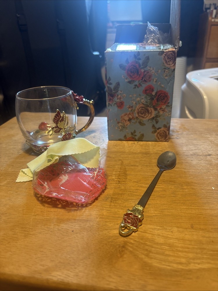ARC Clear Glass Tea Cup Coffee Mug Red Rose & Butterfly Enamel Jeweled w/Spoon