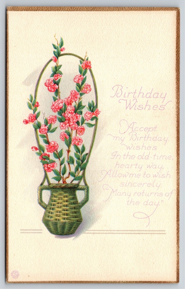 Stecher~Green Base With Red Flowers Birthday Wishes Poem~Vintage Postcard