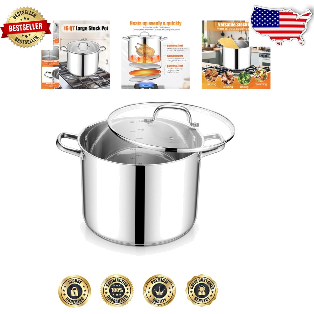 16 Quart Heavy Duty Stainless Steel Stock Pot with Glass Lid - Perfect for Soups