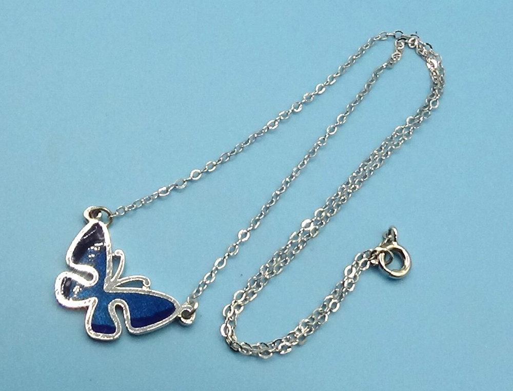 Danecraft Vintage Blue Enamel Butterfly 925 Sterling Silver Necklace
