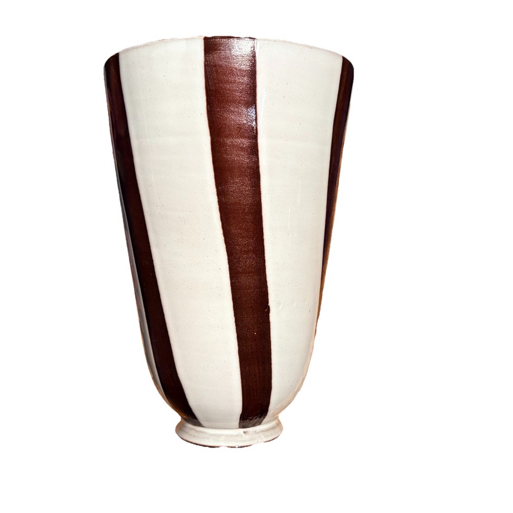 Mid-Century Modern  Ceramic Vase Vintage  Brown And White Striped