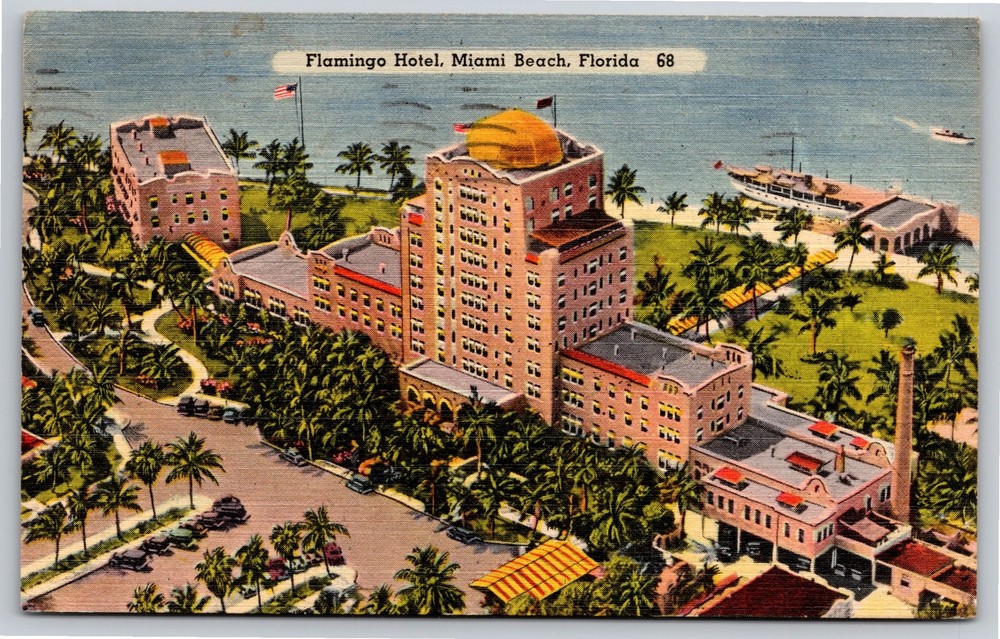 Miami Beach Florida ~Air View Flamingo Hotel~Vintage Linen Postcard