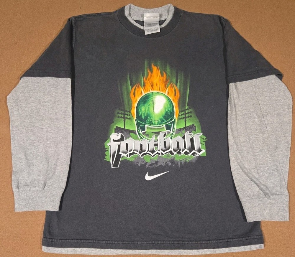 VTG Y2K Boys Nike Football Shirt Long Sleeve Check Swoosh Youth (L) Dark Gray