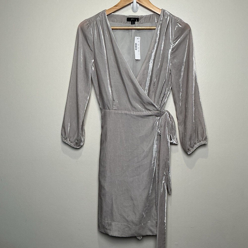 J. Crew NWT Womens Velvet Wrap Dress Silver Lined 3/4 Sleeve Side Tie Size 0