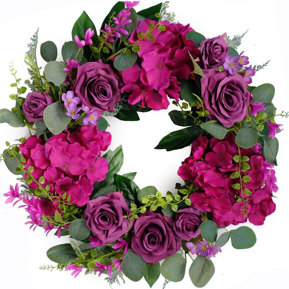 Artificial Purple Rose and Hydrangea Wreath 20 Inch Front Door Decor