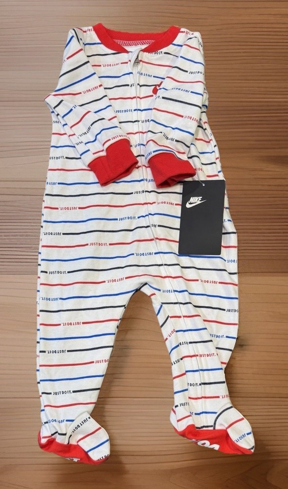 Nike Baby Coverall/Long Sleeve Footed Bodysuit White/Red/Blue “Just Do It” 6m