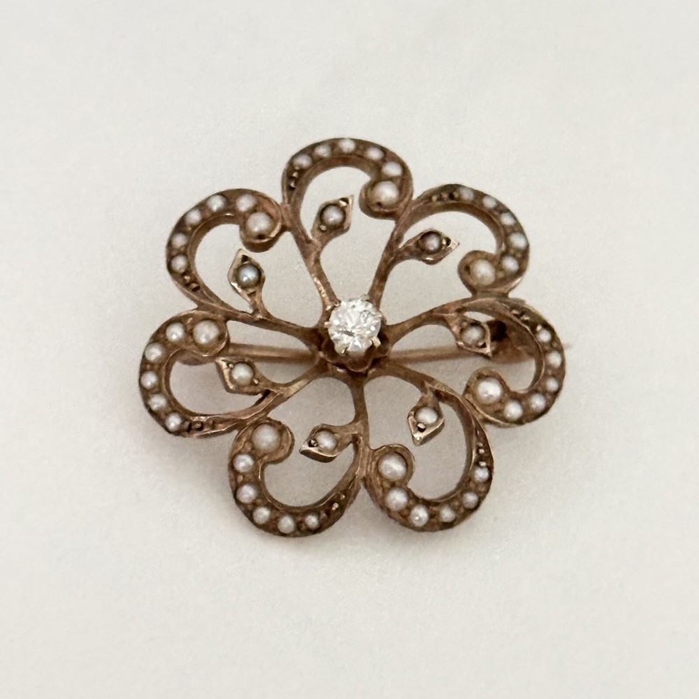 Antique Victorian 14K Yellow Gold Seed Pearl & Diamond Flower Brooch Pin
