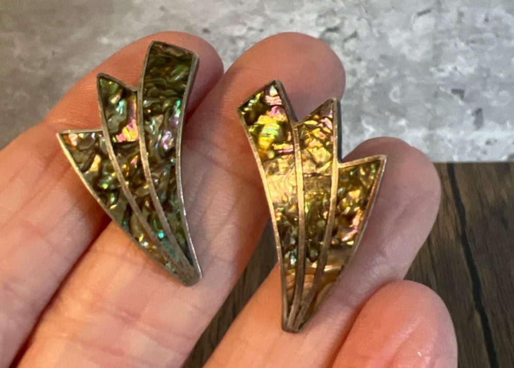 Vintage Abalone Shell Inlay Mexican Sterling 925 Silver Screw Back Earrings
