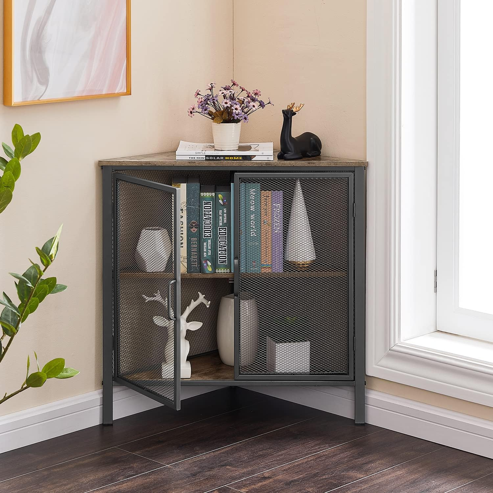 Corner Cabinet/Table, 3-Tier Shelves with Protection Door, Metal Frame Storage S