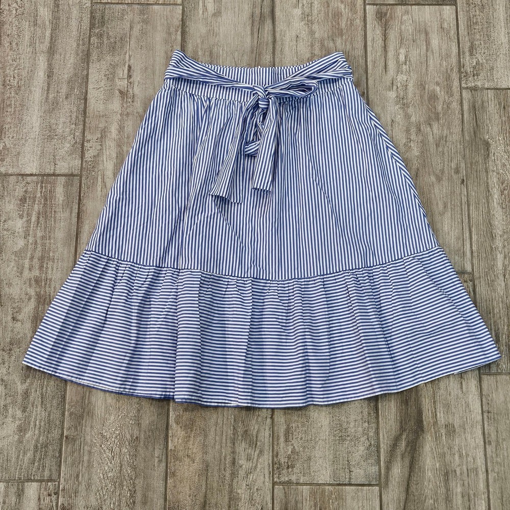 J.Crew Striped Midi Skirt Size 4 Blue White A-Line Belted Coastal Preppy Picnic