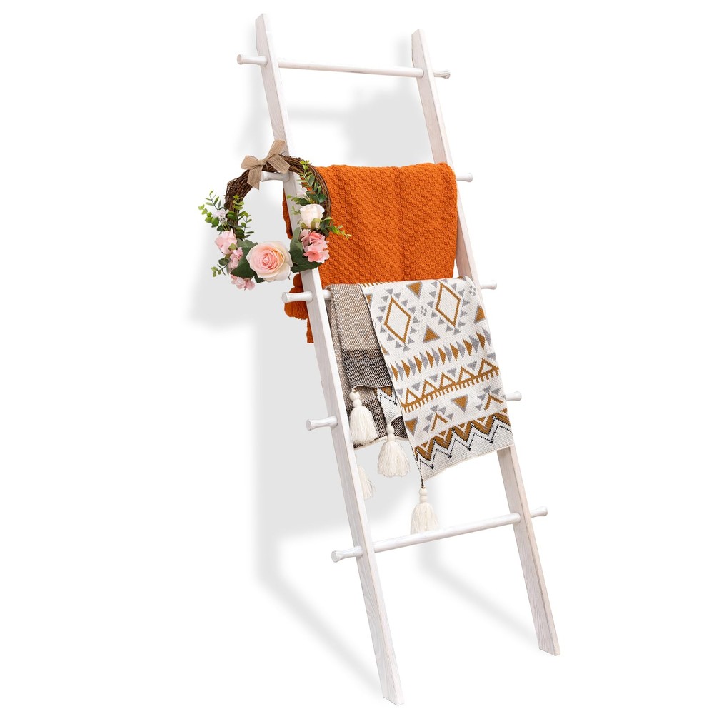 5-Tier Blanket Ladder, Wooden Quilt Stand Farmhouse Decorative Ladder Shelf, ...