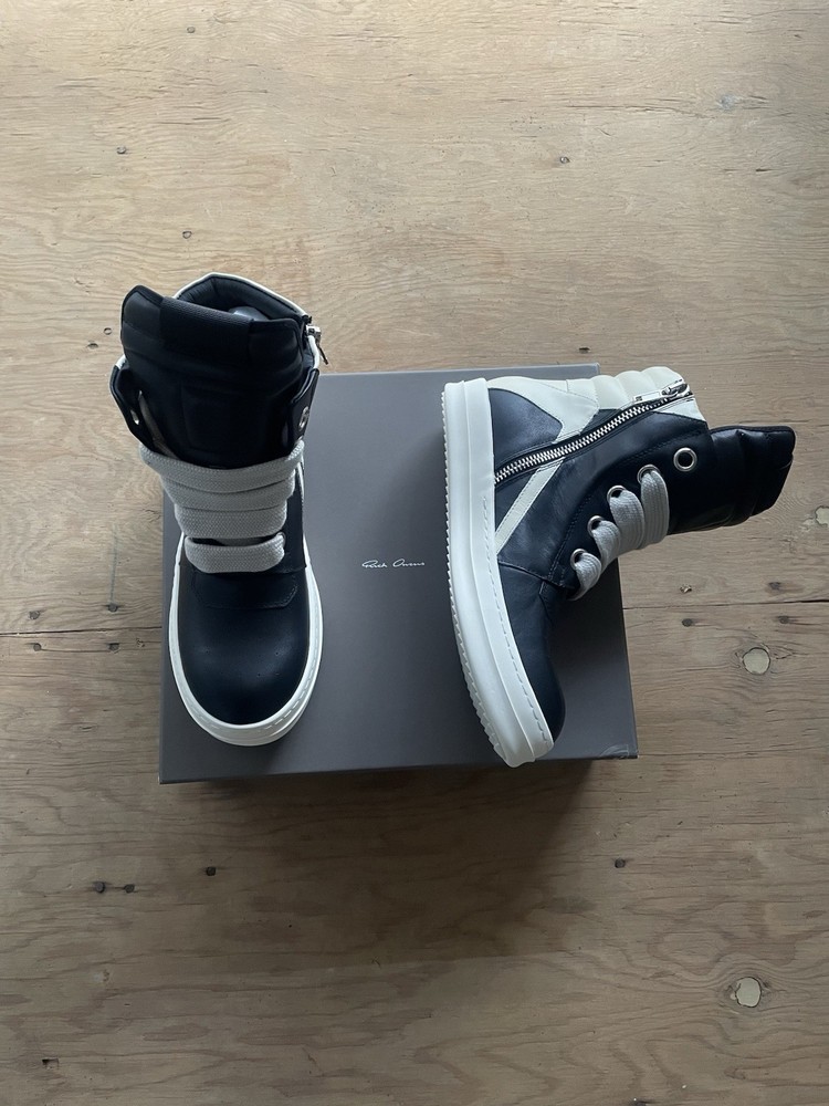Rick Owens Geobasket High Top Black White Lace Up Zip Sneakers Designer