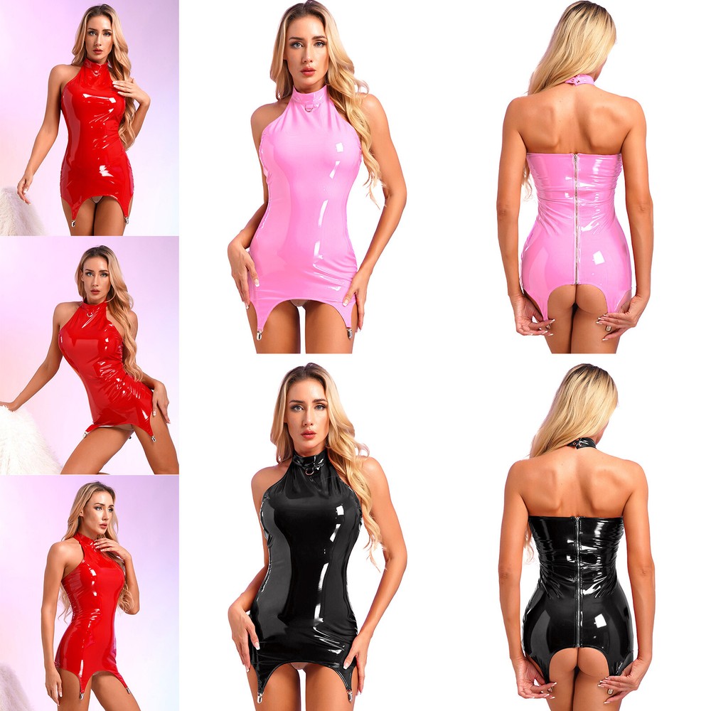 Dress Wet Look Faux Leather Bodycon Garter Belt Metal Clips Sexy Women Zipper