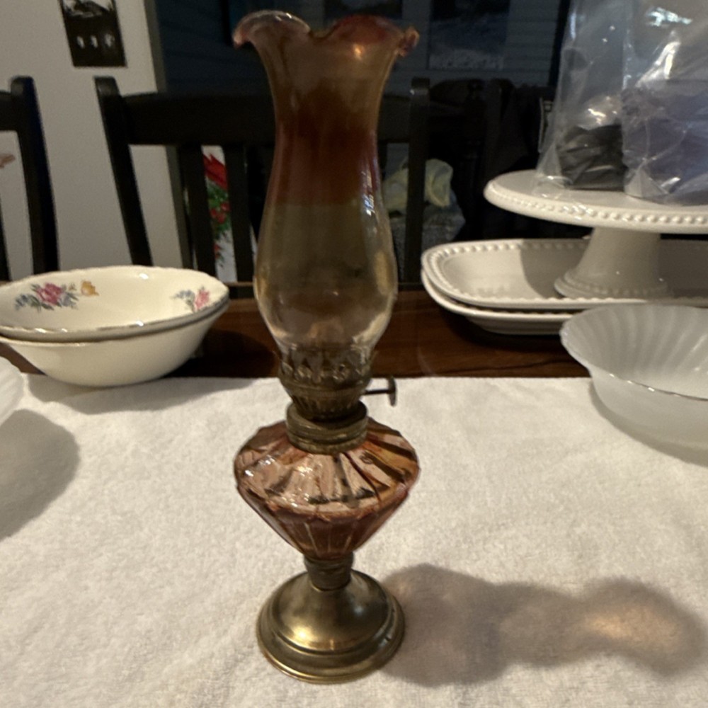 Faceted Amber Glass Oil Lamp Antique Brass Base Bell Shade Small 10 in