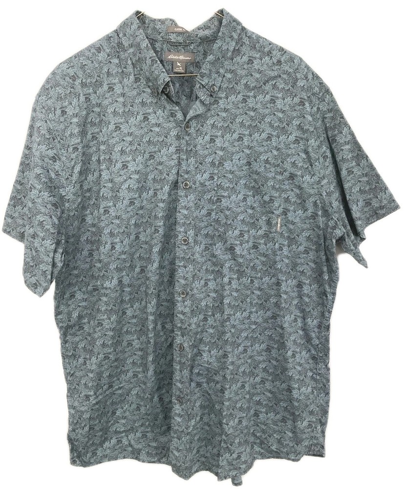 Eddie Bauer Shirt Mens XL Blue Floral Short Sleeve Button Down Cotton Casual EUC