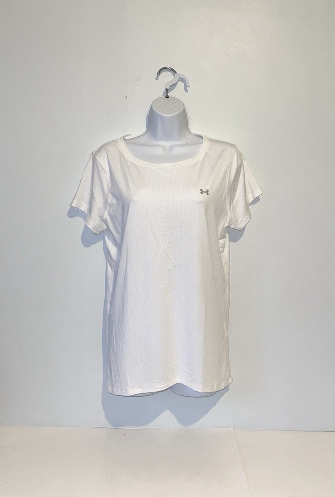 Women's Under Armour Heat Gear Fitted T-Shirt Size Large White Short Sleeve Logo