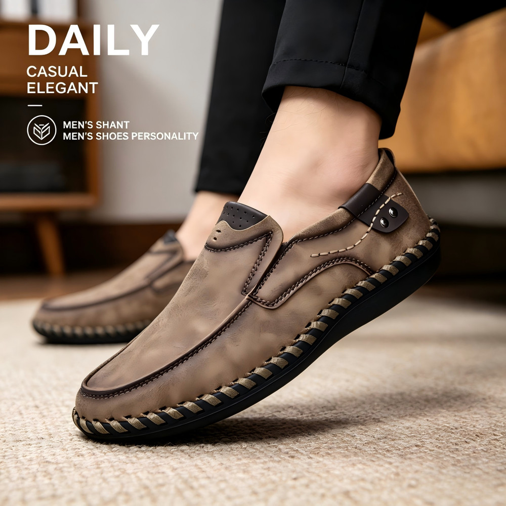 Men's Driving Work Shoes, Handmade Leather Slip On Leisure Casual Loafers
