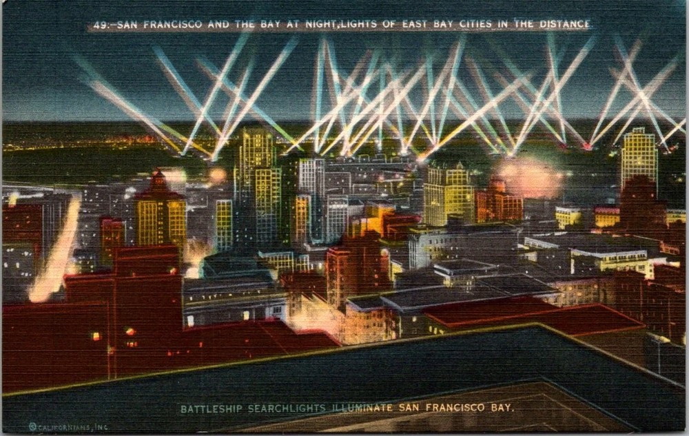 San Francisco Bay Night View Battleship Searchlights Linen Postcard