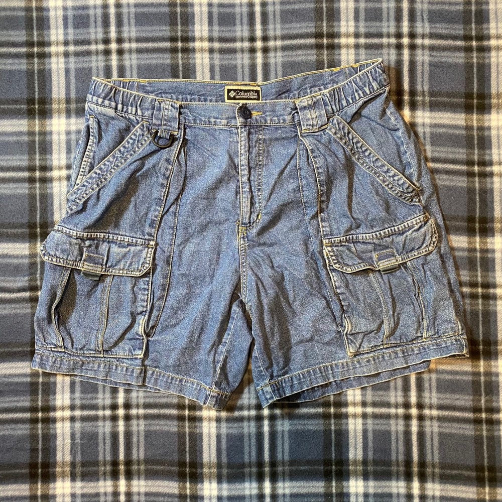 Columbia Mens Denim Cargo Shorts Blue Pleated Elastic Waist XM4244-430 Size 34