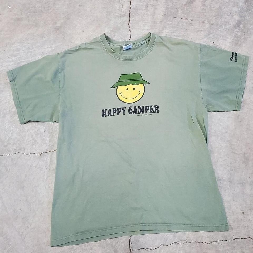 Vintage 2001 Happy Camper Smiley Face Graphic T-Shirt