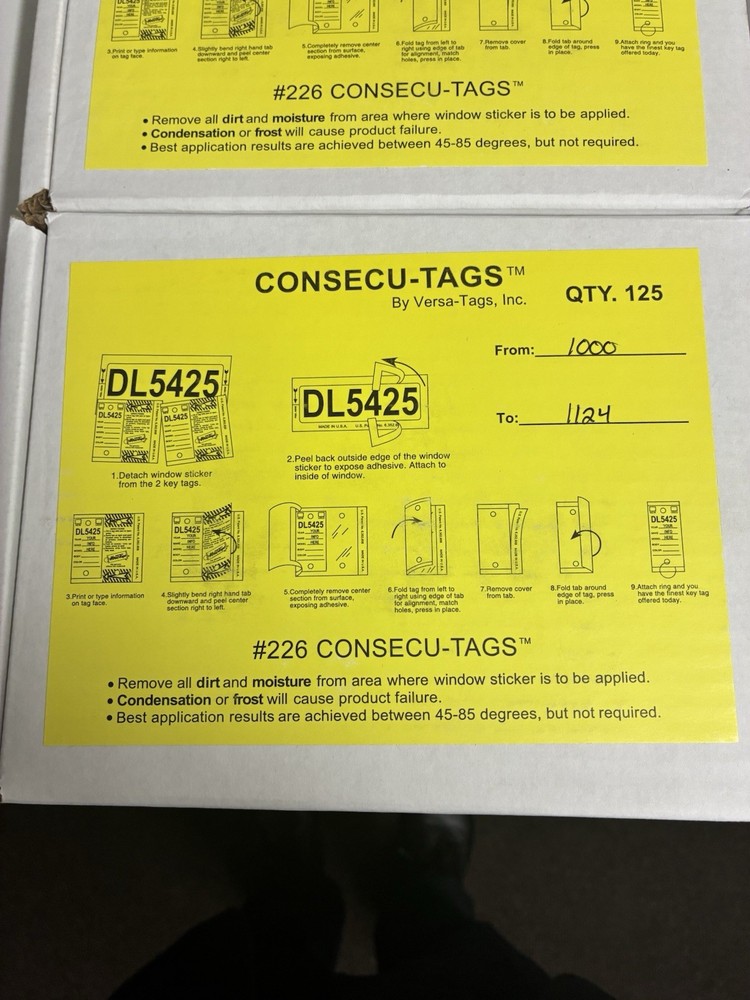 Versa-Tags Consecu-Tags 125 Sets Auto Dealer Key Tags w/Rings Blank NEW #226
