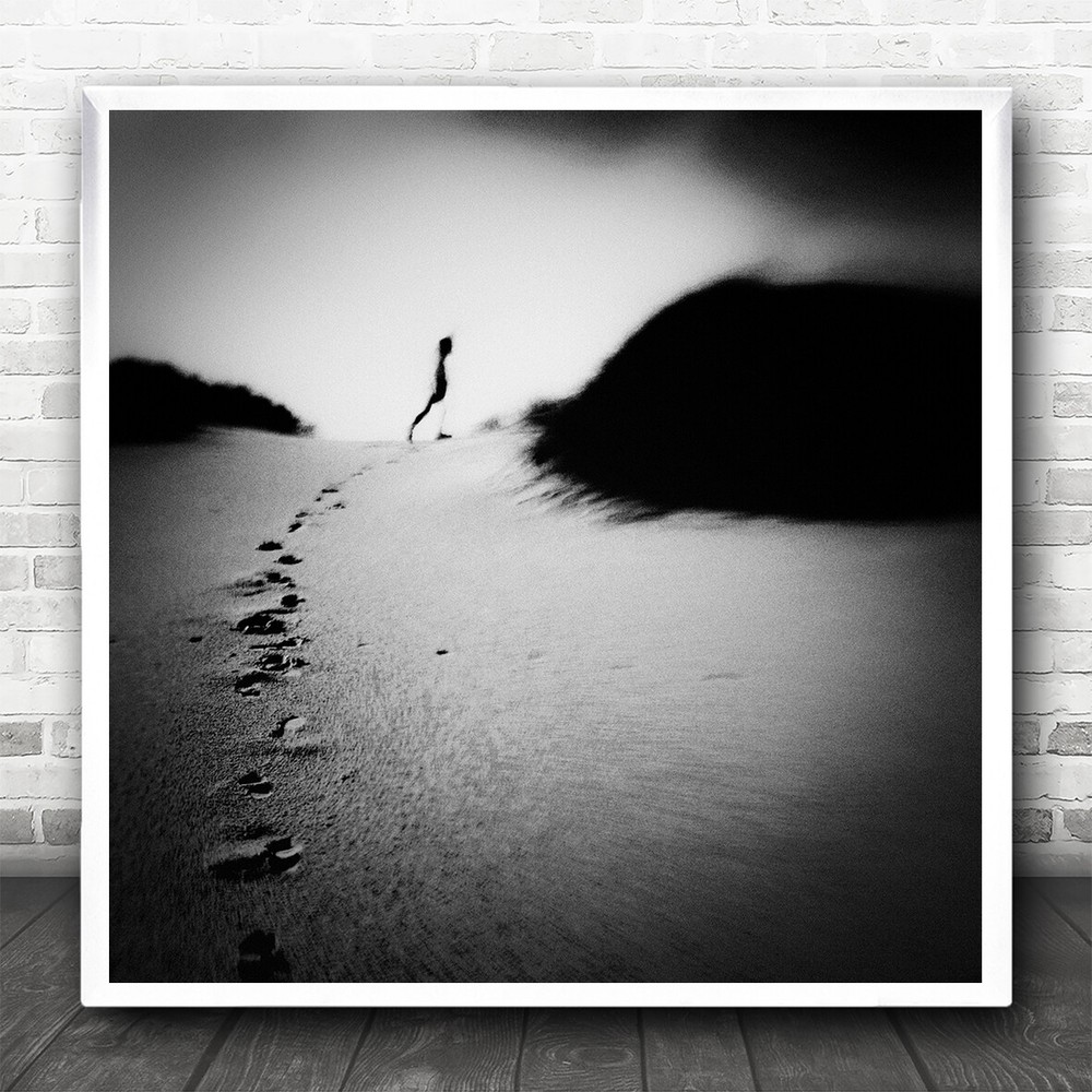 Blur Beach Sun Girl Tracks Footprints B&W Square Wall Art Print