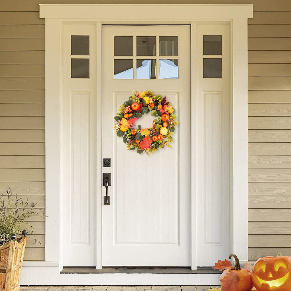 Autumn Pumpkin Wreath Handmade with Realistic Fruits and Vines for Fall Decor