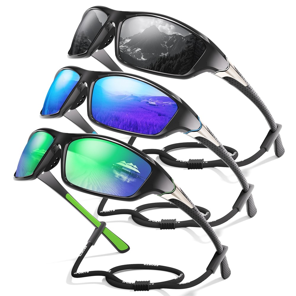 3 Pack Polarized Sports Sunglasses for Men UV400 Protection Wrap Around Style  