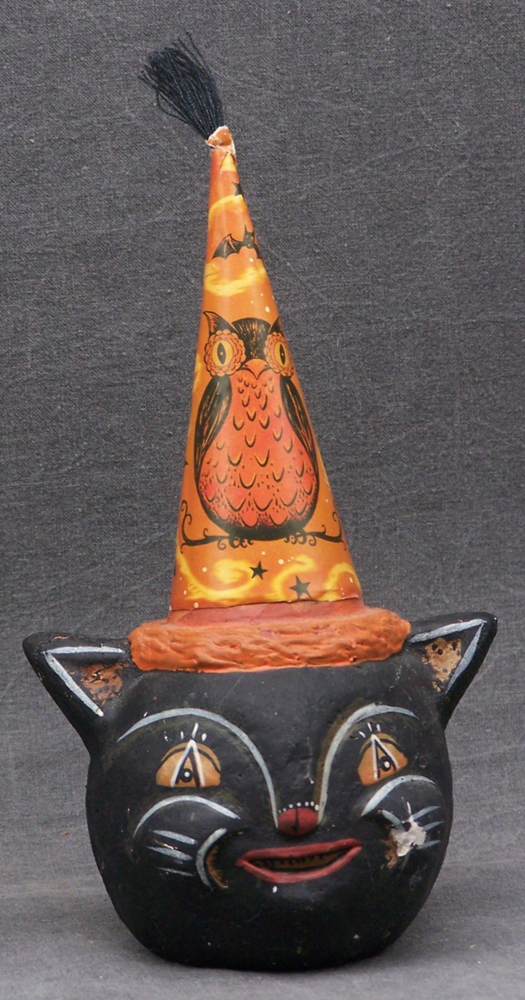 Vintage Johanna Parker Ceramic Halloween Hatty Cat Black with Owl and Bats