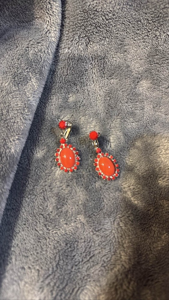 Red Coral Cabochon Silver Tone Clip On Earrings