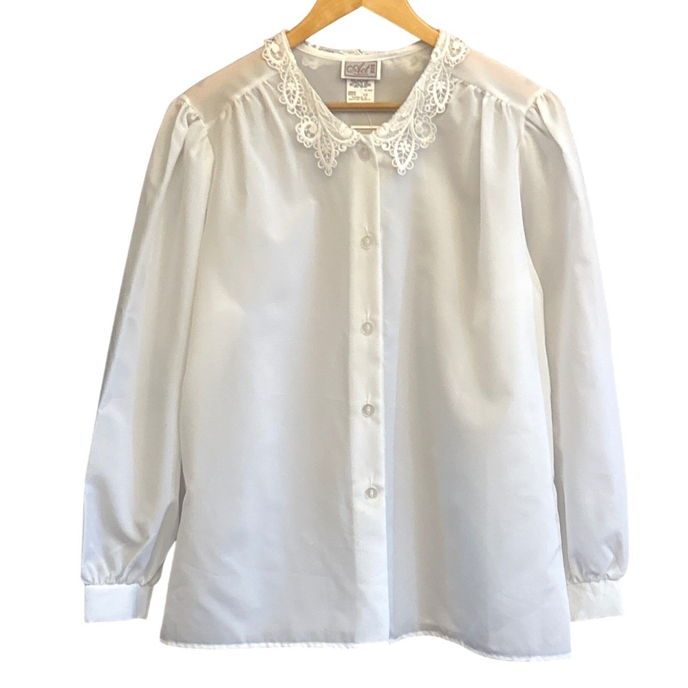 90s Act III Blouse Deadstock Cottagecore Coquette White Lace Collar Button Down