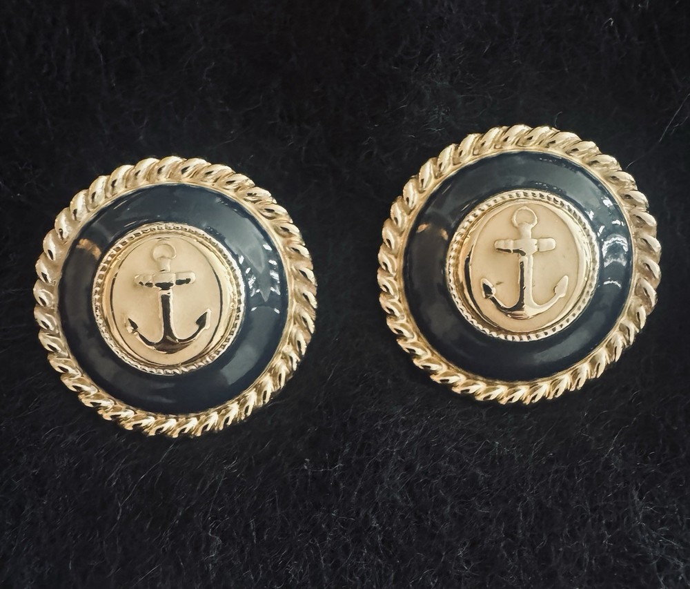 Vintage Gold Tone Navy Blue Enameled Sailor Anchor Earrings Pierced