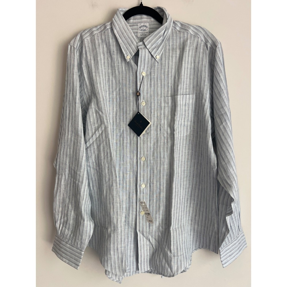 Brooks Brothers Mens Slim Fit Irish Linen Striped Button Down Shirt Blue L NWT