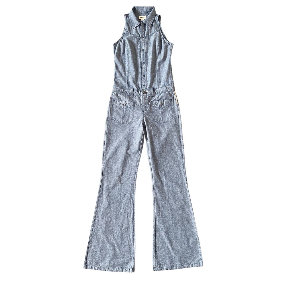 Y2K Vintage Diesel Chambray Jumpsuit Blue Sleeveless Collared Flare Leg Small S