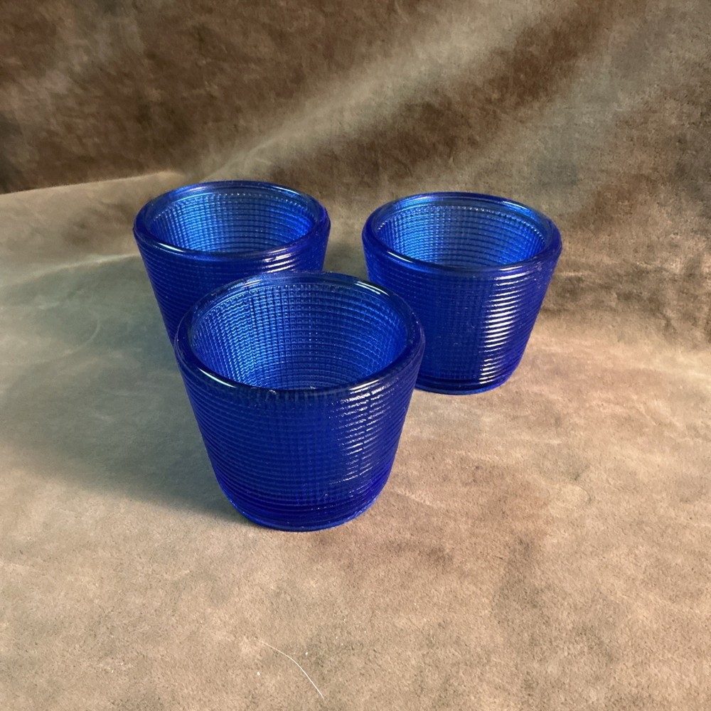 Vintage cobalt blue Glass candle holder votive Lot of 3 waffle optic pattern